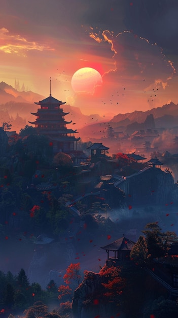 painting of a sunset over a mountain with a pagoda in the background generative ai