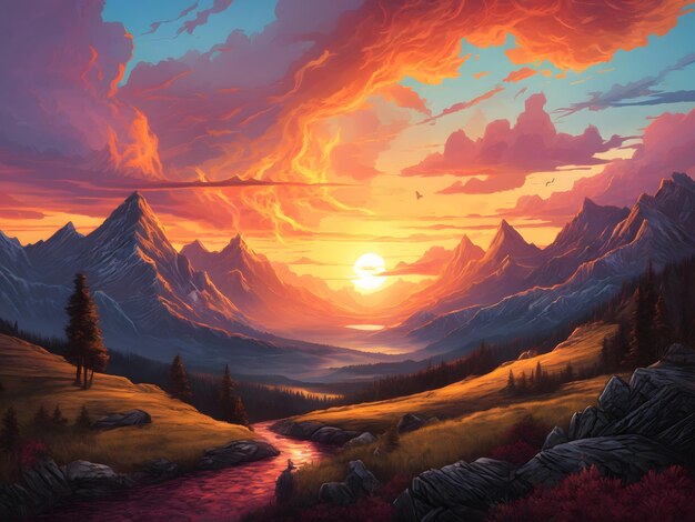 A painting of a sunset in the mountains apocalypse landscape