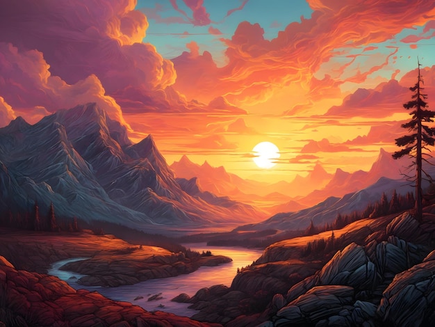 A painting of a sunset in the mountains apocalypse landscape