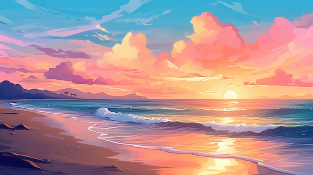 Painting of a sunset over the ocean with a beach and a boat generative ai