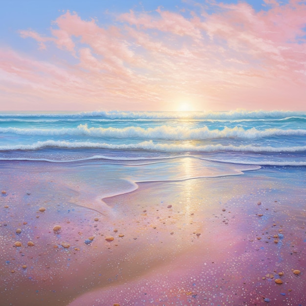 painting of a sunset over the ocean with a beach and waves generative ai