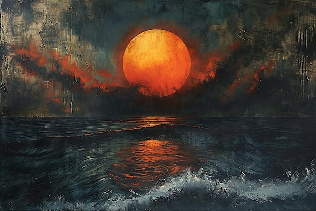 a painting of a sunset and the ocean with a full moon in the background