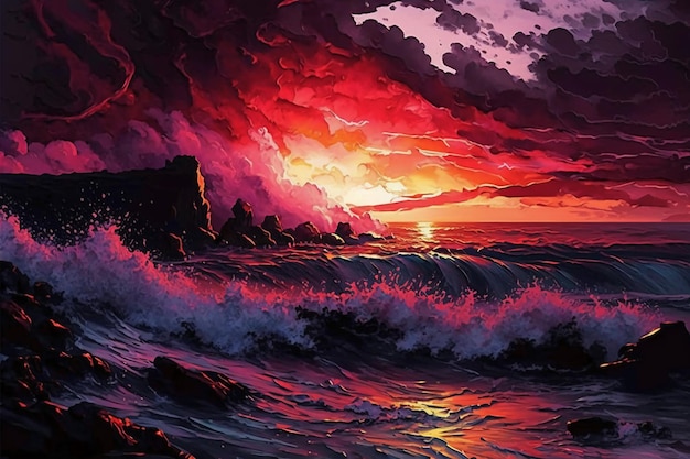 A painting of a sunset over the ocean with a red sky and a wave crashing on the shore.