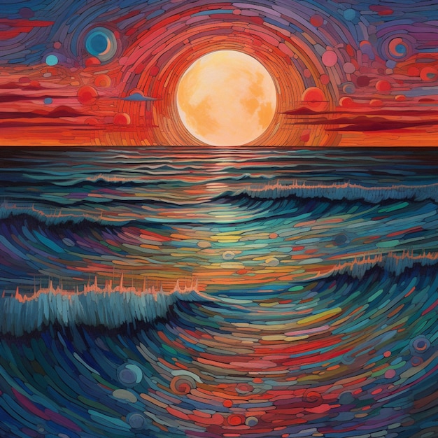 Painting of a sunset over the ocean with waves and a bright sun generative ai