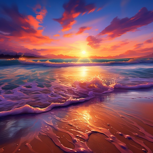 painting of a sunset over the ocean with waves coming in generative ai