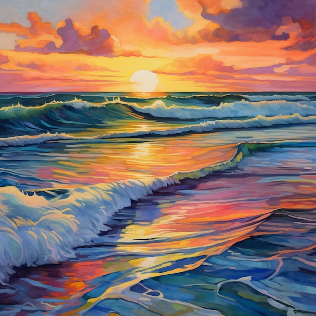 Painting of a sunset over the ocean with waves coming in generative ai