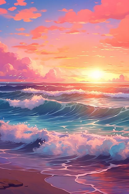 A painting of a sunset over the ocean