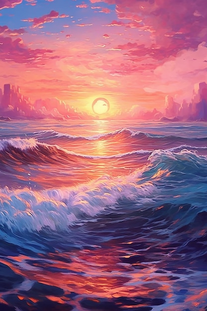 A painting of a sunset over the ocean