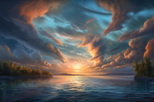 A painting of a sunset over the ocean