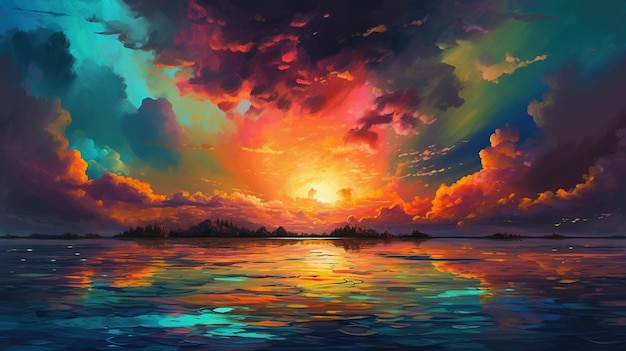 A painting of a sunset over the ocean.