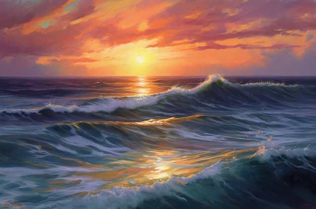 A painting of a sunset over the ocean