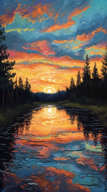 A painting of a sunset over a river with trees and clouds.