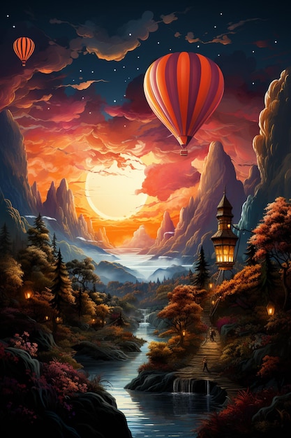 Painting of a sunset scene with a hot air balloon flying over a river generative ai