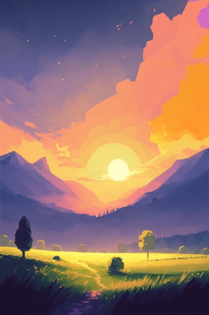 Painting of a sunset scene with mountain view valley generative ai