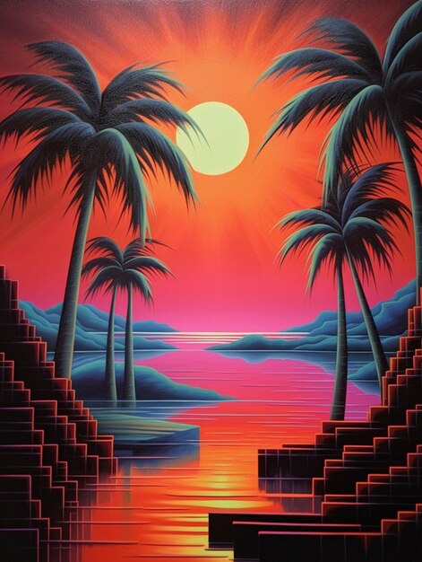 Painting of a sunset scene with palm trees and a body of water generative ai