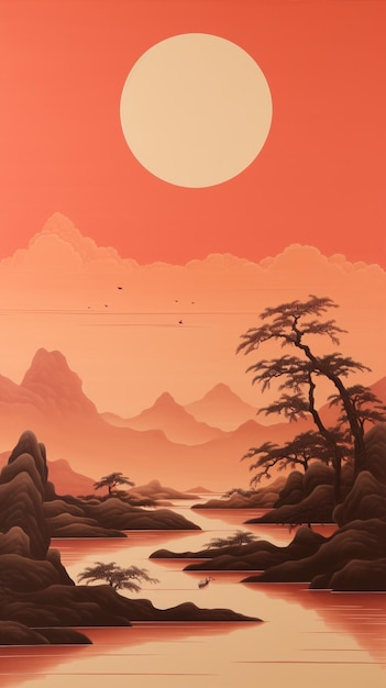 painting of a sunset scene with a river and mountains generative ai