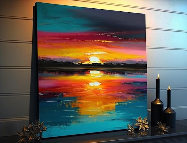 A painting of a sunset on a table with a black candle.