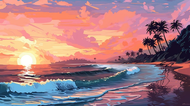 Painting of a sunset on a tropical beach with palm trees generative ai