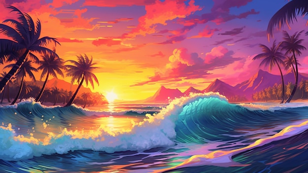 Painting of a sunset on a tropical beach with palm trees generative ai