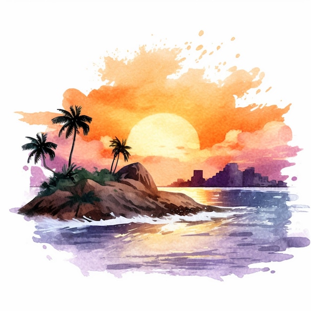 Painting of a sunset over a tropical island with palm trees generative ai