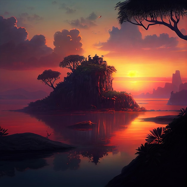 a painting of a sunset over a tropical island