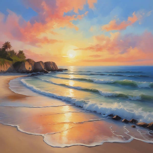 Photo a painting of a sunset with a beach scene and the sun setting