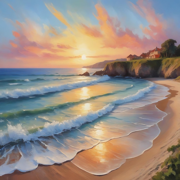 Photo a painting of a sunset with a beach scene and the sun setting