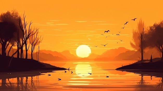 A painting of a sunset with birds flying in the sky.