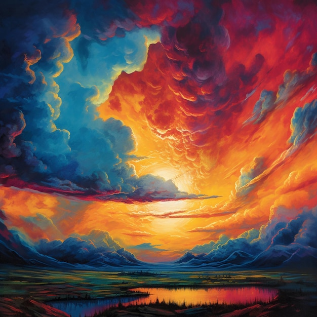 A painting of a sunset with a blue sky and clouds.