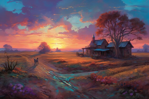 A painting of a sunset with a church in the background.