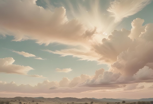 a painting of a sunset with clouds and mountains in the background