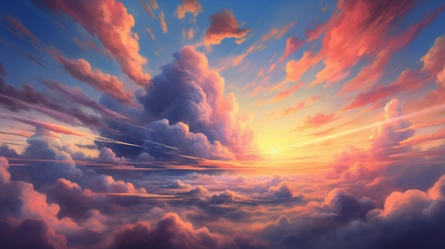 A painting of a sunset with clouds in the sky