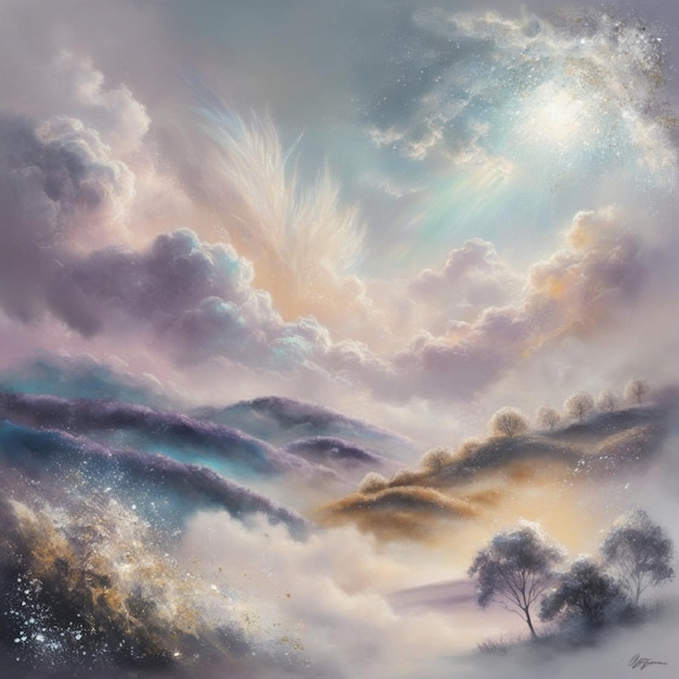 a painting of a sunset with clouds and sun shining through the clouds