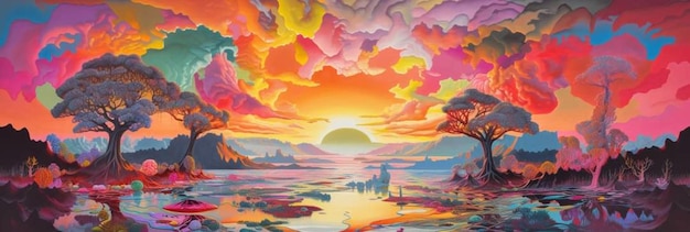 A painting of a sunset with a colorful sky and clouds.