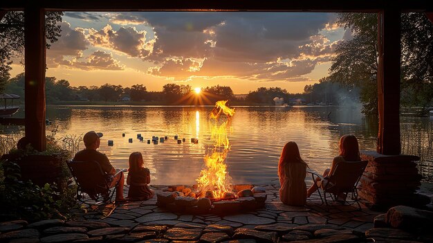 a painting of a sunset with ducks and a fire