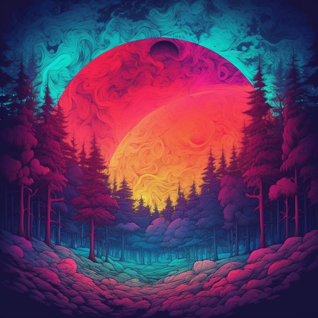 A painting of a sunset with a forest and a river generative ai