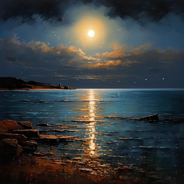 a painting of a sunset with a full moon in the sky