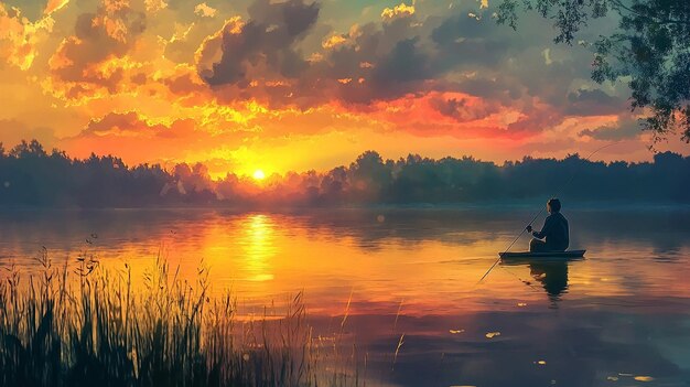 a painting of a sunset with a man fishing on a boat