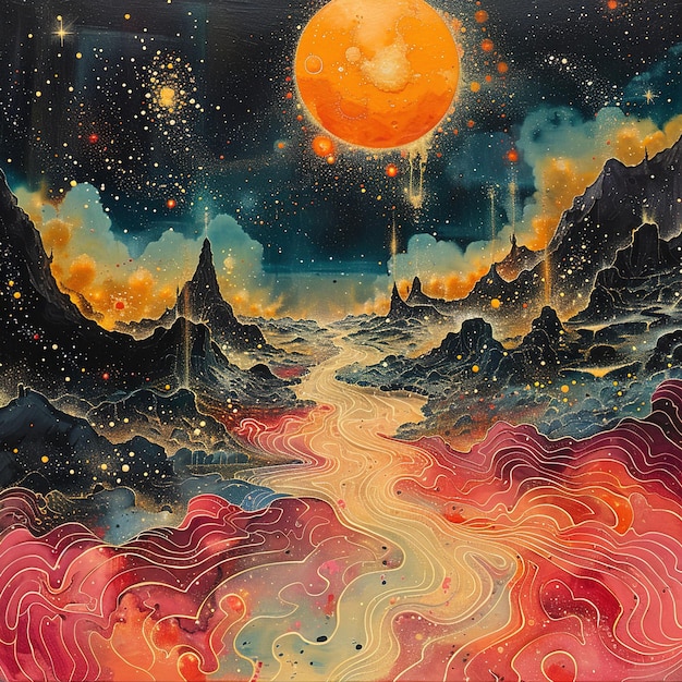 a painting of a sunset with a moon and clouds in the sky