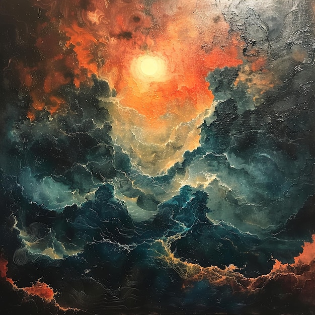 a painting of a sunset with the moon in the sky