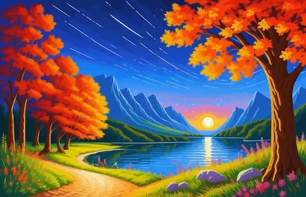 a painting of a sunset with the mountains in the background