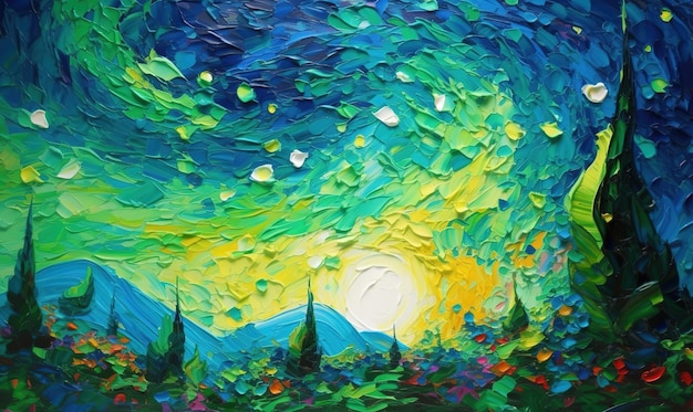 A painting of a sunset with mountains in the background.