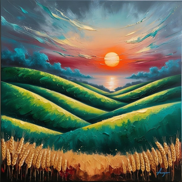 a painting of a sunset with mountains and clouds in the background