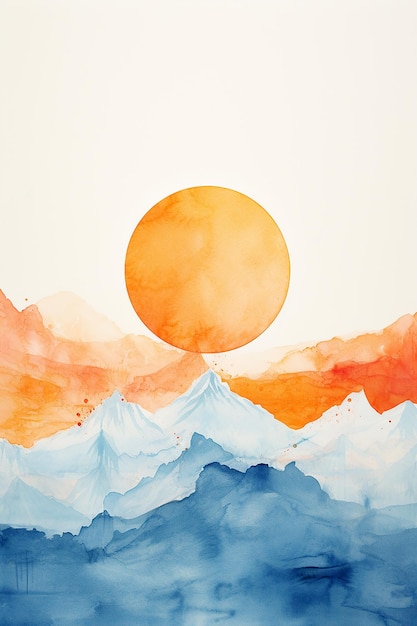 a painting of a sunset with mountains and clouds.