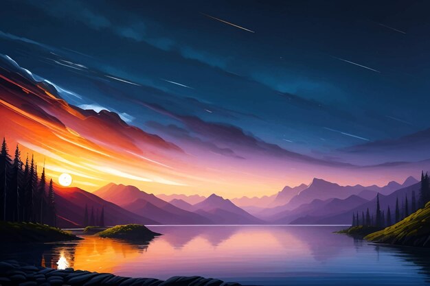 a painting of a sunset with mountains and a lake