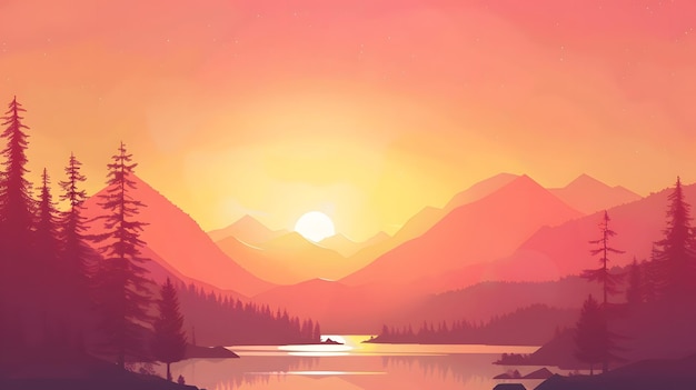 Photo a painting of a sunset with mountains and a lake