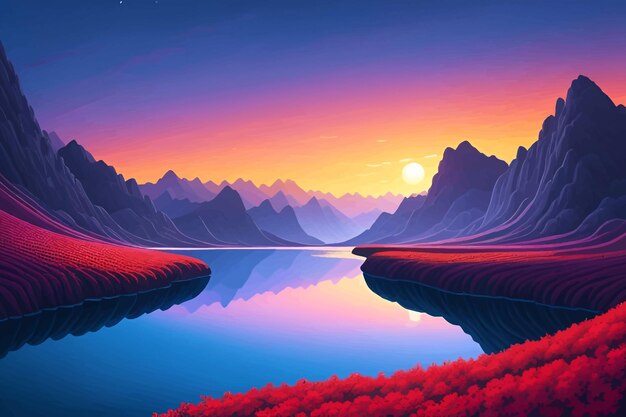 a painting of a sunset with mountains and the moon