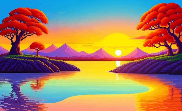 Photo a painting of a sunset with mountains and trees