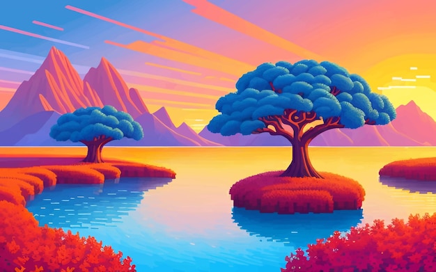 a painting of a sunset with mountains and trees