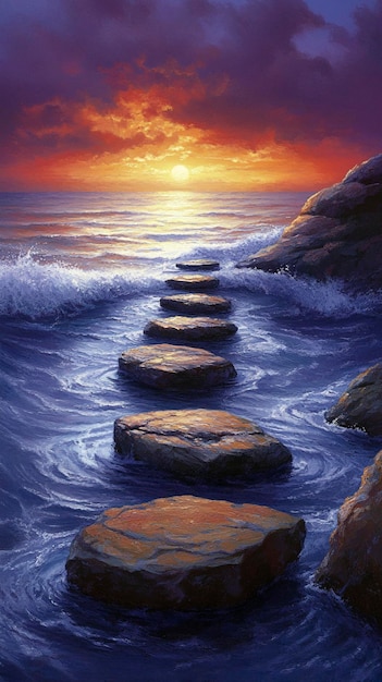 a painting of a sunset with the ocean in the background